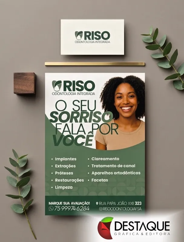 Panfleto de clínica odontológica com cartão de visita